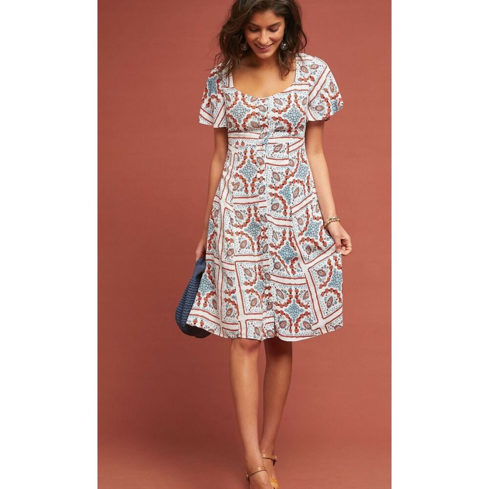 Anthropologie White Midi Dress with Blue and Rust Medallion Print